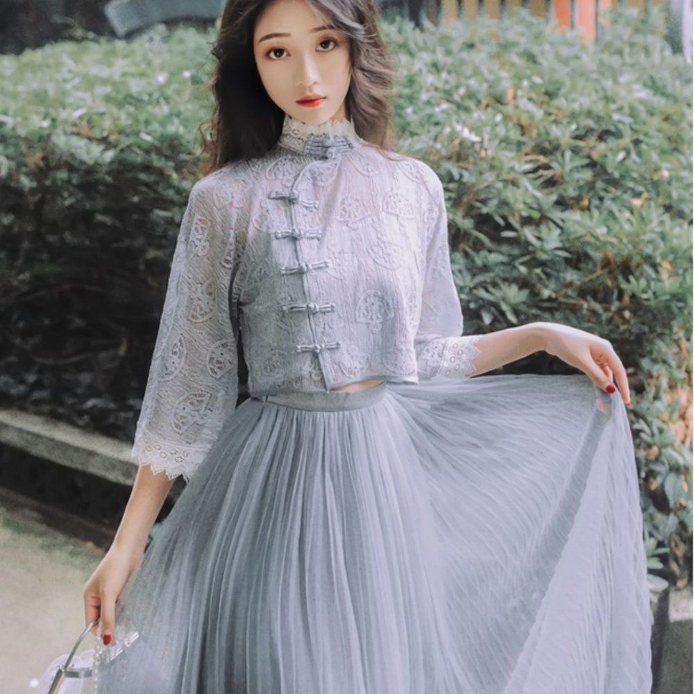 Lace Mesh Dress Set | Top + Camisole + Skirt